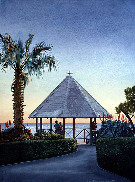 Watercolour of Laguna Beach in the evening, from the gazebo.